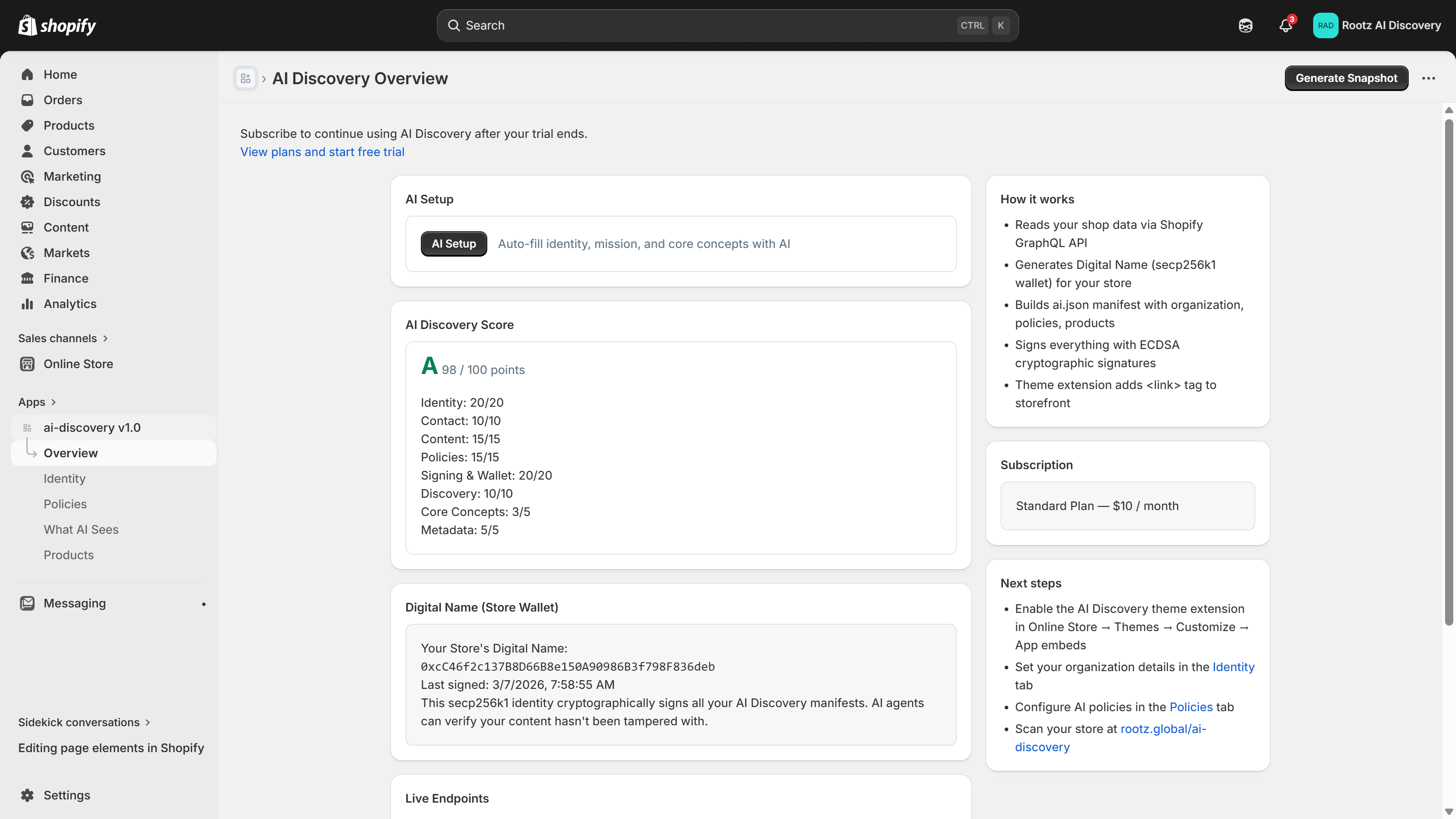 AI Discovery Overview — A grade score, Digital Name wallet, live endpoints