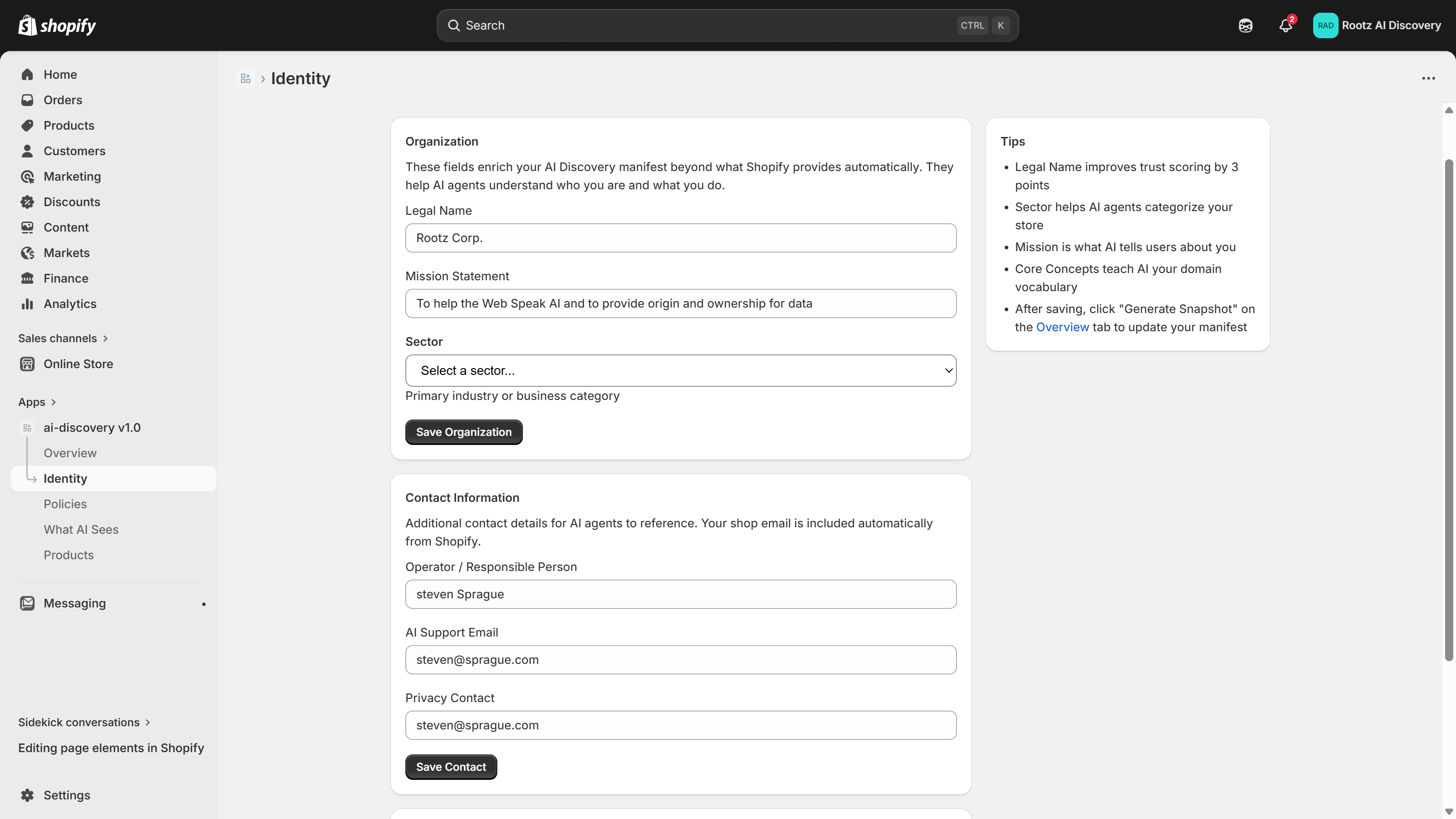 Identity tab — organization name, mission, sector, contact information