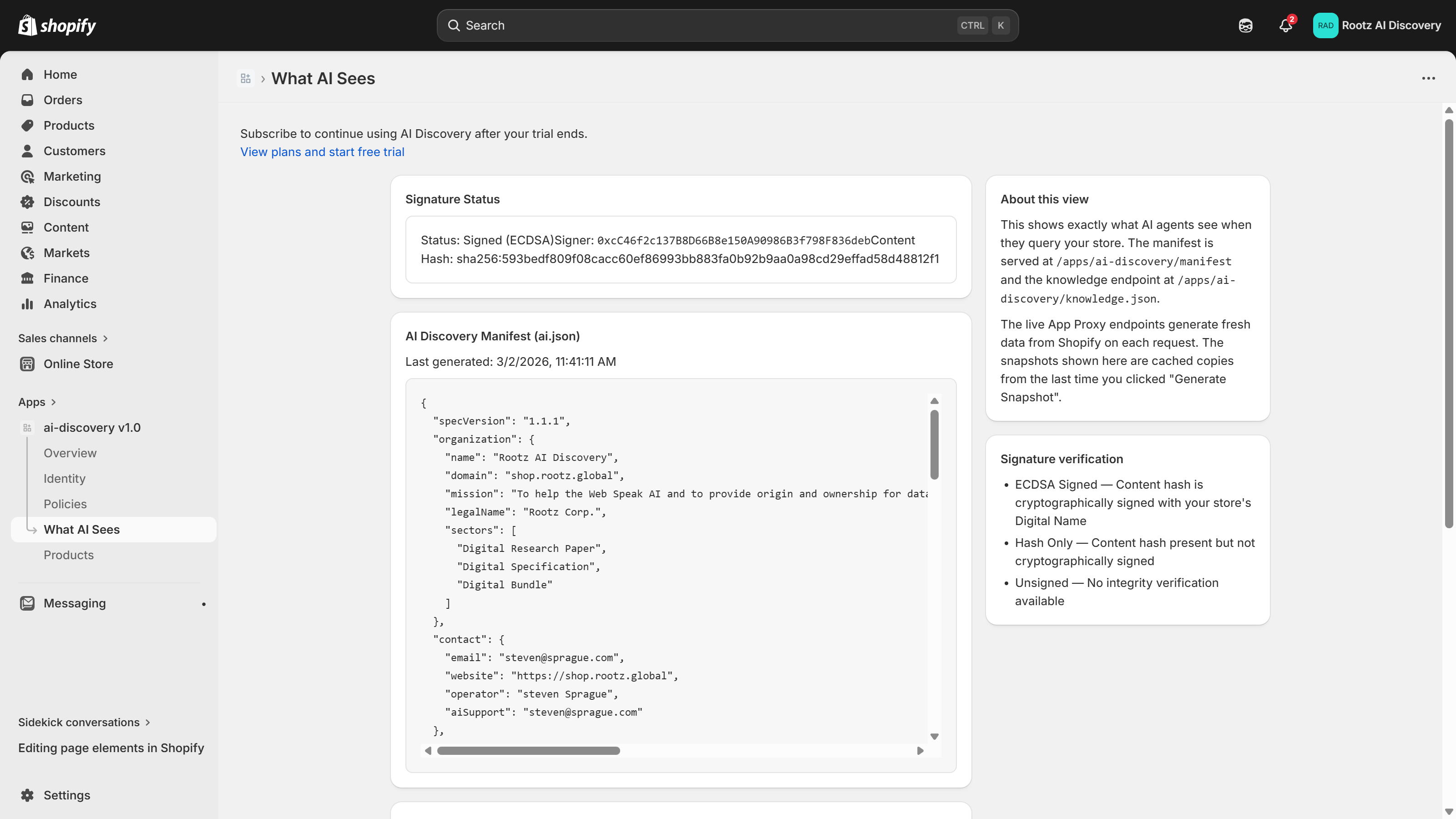 What AI Sees — signed JSON manifest with ECDSA signature and content hash