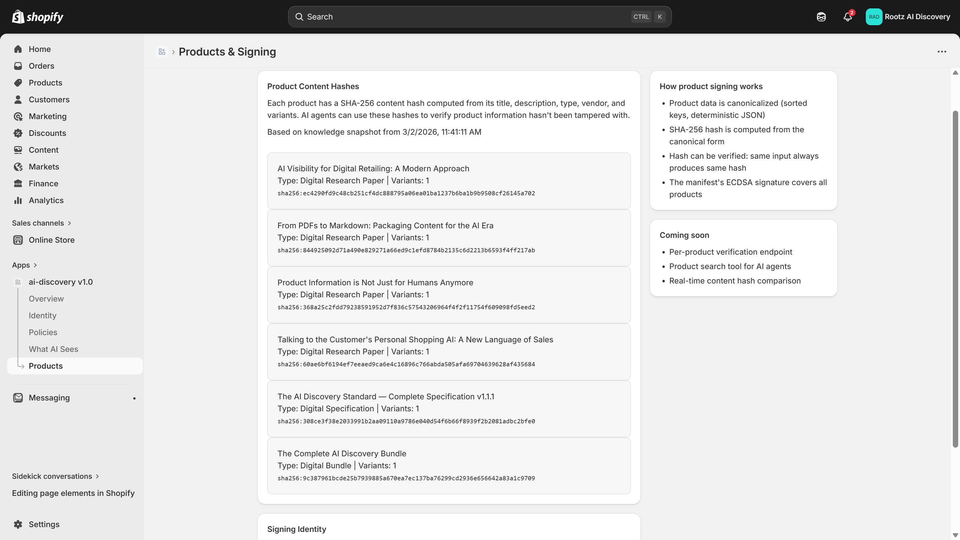 Products tab — per-product SHA-256 content hashes for integrity verification